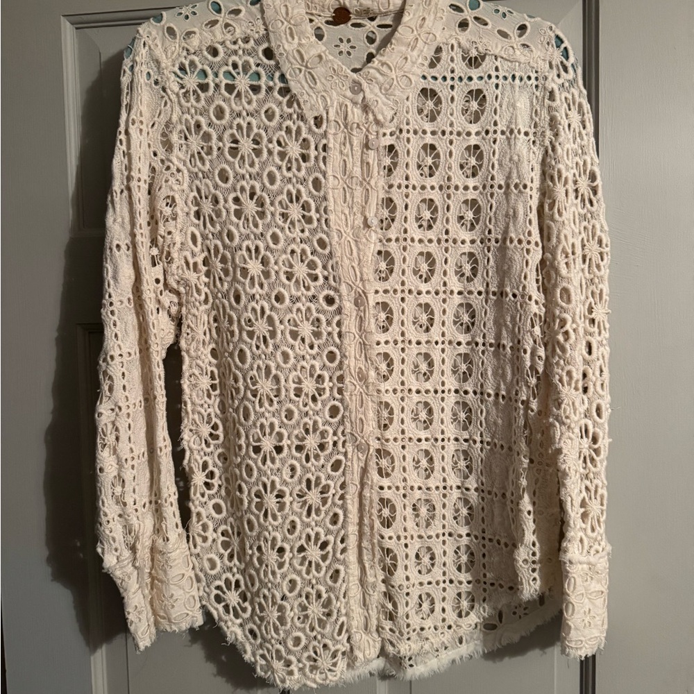 Free People Ivory Floral Crochet Blouse
